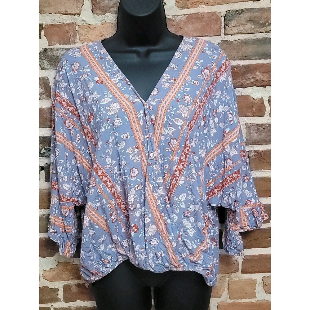 ANDREE by UNIT Womens Blouse Small Floral Blue Elastic Waist FlorWrap V-neck